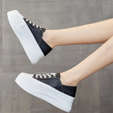 Sneakers Women Shoes Genuine Leather Flats Platform Shoes Round Toe Causal Lace Up Shoes Female Autumn Black