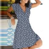 Summer 2021 New Casual Floral Print V Neck Pullover A-line Dress Fashion Short Sleeves Elegant Office Lady Party