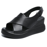 Black Genuine Leather Wedges Sandals For Women High Heels Platform Sandals Summer Casual Shoes