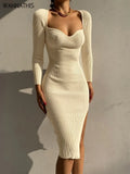 Knit Knee Length Dresses For Women Sexy Square Collar Elegant Long Sleeve Bodycon Side Split Chic Fall Fashion