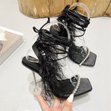 2024 New Catwalk Style Square-Headed Women's Shoes Diamond Feather With