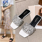 Breakj Rhinestone Flat Bottom Slippers Female Summer New One Foot Pedal Home Broken Diamond Slippers