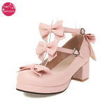 Women's Kawaii Sweet Bow Cosplay Dress Shoes Chunky Platform Mid Block Heels Buckle Ankle Strap Mary Jane Pumps Pink Black