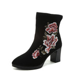 Breakj Boots Ankle Boots Embroidered Cloth Shoes Spring High Heels Velvet Canvas Thick Heel Plus Size Short Leg
