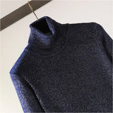 Turtleneck knit sweater Shinny Chic Women Sweaters And Pullovers spring Autumn thin bling Lurex slim baisc