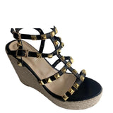 Sandals Woman Leather Suit Female Beige High Heels Shoes Muffins shoe Clogs Wedge Open Toe Low-heeled Studded Black