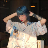 Up Shirt Women Summer Harajuku Blouse Short Sleeve Shirt Digtal Print Map Tops Blouses Casual Blusas Camisas Mujer