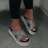 Trend Women Rhinestone Sandals Platform Wedge Mid Heel Thick Sole Outdoor Shiny Crystal Sexy Ladies Female 2021