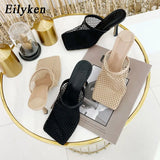 2022 New Hollow Breathable Mesh Woman Thin High Heels Slippers Summer Vintage Square Toe Mules Femme Shoes Pumps