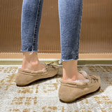 Winter Shearling Wool Shoes Woman Lambs Fur Flats Genuine Leather Mocasines Mujer Bowtie Loafers Warm Plush Boots