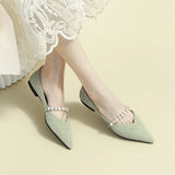 Microfiber Ballet Shoes Ladies Pearl Belt Flats Women Green Loafers Pointed Toe Moccasins Femme Dress Ballerina