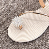 Summer Women Beach Slippers Shiny Rhinestone Flower Clip Toe Sandals Outdoor Slip On Casual Flats Flip-Flops Zapatos