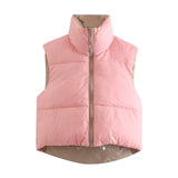 Sweet Pink Double Wear Drawstring Cropped Vest Coat Women 2021 Fashion Stand Collar Zipper
