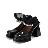 Mary Jane High-heeled Shoes Spring Autumn Lace Rhinestone Elegant 2021 Word Square Heel Platform Fashion Leather Shoe