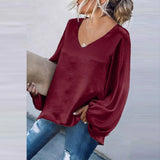 Simple New V Neck Solid Color T-shirts Fashion Autumn Winter Long Sleeves Loose Pullover Top Office Lady Elegant