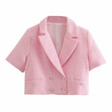 Chic Pink Shorts Suit Women 2021 Fashion Double Breasted Pockets Short Sleeve Texture Blazers Buttons Shorts
