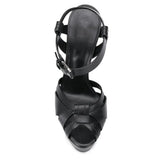 Black PU Large Size Round Head Fashion Sandals Thin High Heels Waterproof Platform Banquet