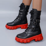 Breakj Women 2023 Autumn / Winter New Belt Buckle Platform Mid Boots Women Plus Size Knight Boots