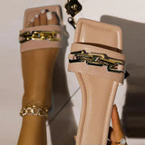 Slippers 2021 Summer Chain Style Square Head Slides Flat Heel Mule Shoes Woman Female Plus Size Outdoor Beach