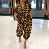 Leopard Print Jumpsuit Retro Summer Short Sleeve Lace-Up Playsuit Overalls Casual Button V-Neck Pocket Romper Bodysuit