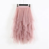 Tulle Skirts Women High Waist Mesh Skirt Hem Asymmetrical Pleated Midi Skirt Female Black Pink Summer Mid-calf