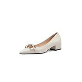 Genuine Leather Women Shoes Chain Thick Heels Pumps Pointed Toe Med Heel Ladies Footwear 2022 Spring Beige Apricot