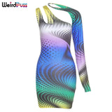 Puss Dots Colorful One Shoulder Dress Women Removable Sleeve Skinny Stretch Bodycon 2021 Autumn Trend Streetwear