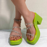 High-Heeled Water Drill Transparent Word With Slippers Women 2025 Summer New Large Code 42 Waterproof Table Thick-Soled Sandals