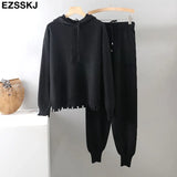 Pieces Set Women hooded sweater Tracksuit Turtleneck Sweater + Carrot Jogging Pants Pullover Sweater Set CHIC Knitted