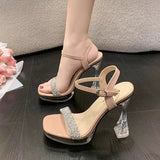 Breakj Hate Sky High High Heel Sandals French Crystal Waterproof Table Linolee Show New One-Word Buckle Strap Summer