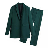 Spring Autumn Solid 2 Piece Set Women Single Button Elegant Office Blazer Suits Pleated Lady Long Pants Female