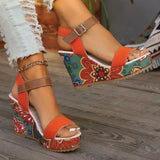 Breakj New Leisure Slope And Embroidery High Heel Sandals Women Buckle With Toe Thick-Soled Women's