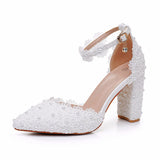 Breakj Lace Pointed Women's Singles Lace Wedding Dress Shoes Spring Thick Heel Sharp Sandals White Wedding Shoes
