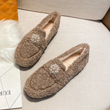 Lambswool Moccasins women warm plush winter shoes woman espadrilles comfy fleeces loafers crystal pearl fur flats plus
