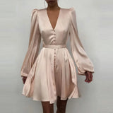 New Women Sexy V Neck Letters Print Fashion Short Dresses Casual Satin Slim Lantern Sleeves Zipper Elegant Party