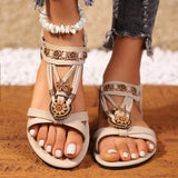 Breakj Flat-Bottomed Flowers Roman Large Size Women's Sandals Beads Tight With Light Beach Cool