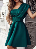 Summer Sexy Tubeless Off Shoulder Dress Women Elegant Solid High Waist Mini Skirt Party Show Fashion Belt A-Line Skirt