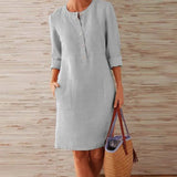 Winter Autumn Button Cotton Linen Dress women Elegant O-Neck Knee length Long Sleeve Pocket Solid Dress Plus Size