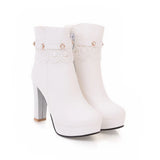 2022 Sweet Ankle Boots Lolita Appliques Platform Super High Heel Pearl Rivet Lace Cosplay Thick Sole Shoes Pink White Red