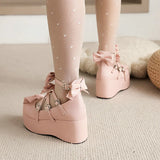 Princess Lolita Platform Mary Jane Girls Tea Party Shoes Criss-Cross Strap Sweet Bow Thick Sole Wedge Pumps Pink Black