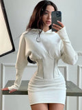 Corset Mini Dress With Hat Long Sleeve Women Bodycon Casual Fashion White Autumn Ladies Elegant Sexy Dresses 2021