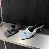 New Summer Denim Cross-Band Square Head Stiletto Slippers Wearing Fashionable High-Heeled Women's