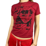 Y2K Summer Short Sleeve T-shirt Girls Creative Figure Printing Round Collar Tops Slim Base Shirt Harajuku Tee