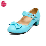 EDEELVEEYS Vintage Mary Janes Daily Party Ladies Shoes Lolita Bowtie Med Heels Pumps Women Plus Size 34-50 Purple Blue
