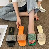 Breakj Size Rhinestone Flat Bottom Slippers Woman's Head Korean Version Fashion One Word Household Cool Drag