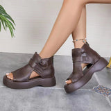 New Hollow Breathable Hole Shoes Thick Sole Genuine Leather Fish Mouth Hook & Loop Retro Comfortable Women