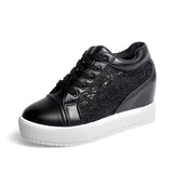 White Shoes Breathable Mesh Chunky Platform Sneakers Summer Ladies Lace Floral Hollow Out Wedge Heels Casual Footwear