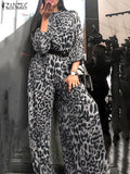 2022 Stylish Printed Jumpsuits ZANZEA Women Leopard Party Overalls Playsuits Casual OL Long Sleeve Elastic Waist Loose Romper