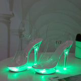 Breakj 34-43 Sexy Super High Heels Luminous Thin Heel Waterproof Platform Sandal Transparent Model Crystal Shoes Wedding