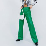High Waist Brown Faux Leather Pants 2021 Fashion Autumn Winter Lady PU Loose Straight Trousers Elegant Pocket